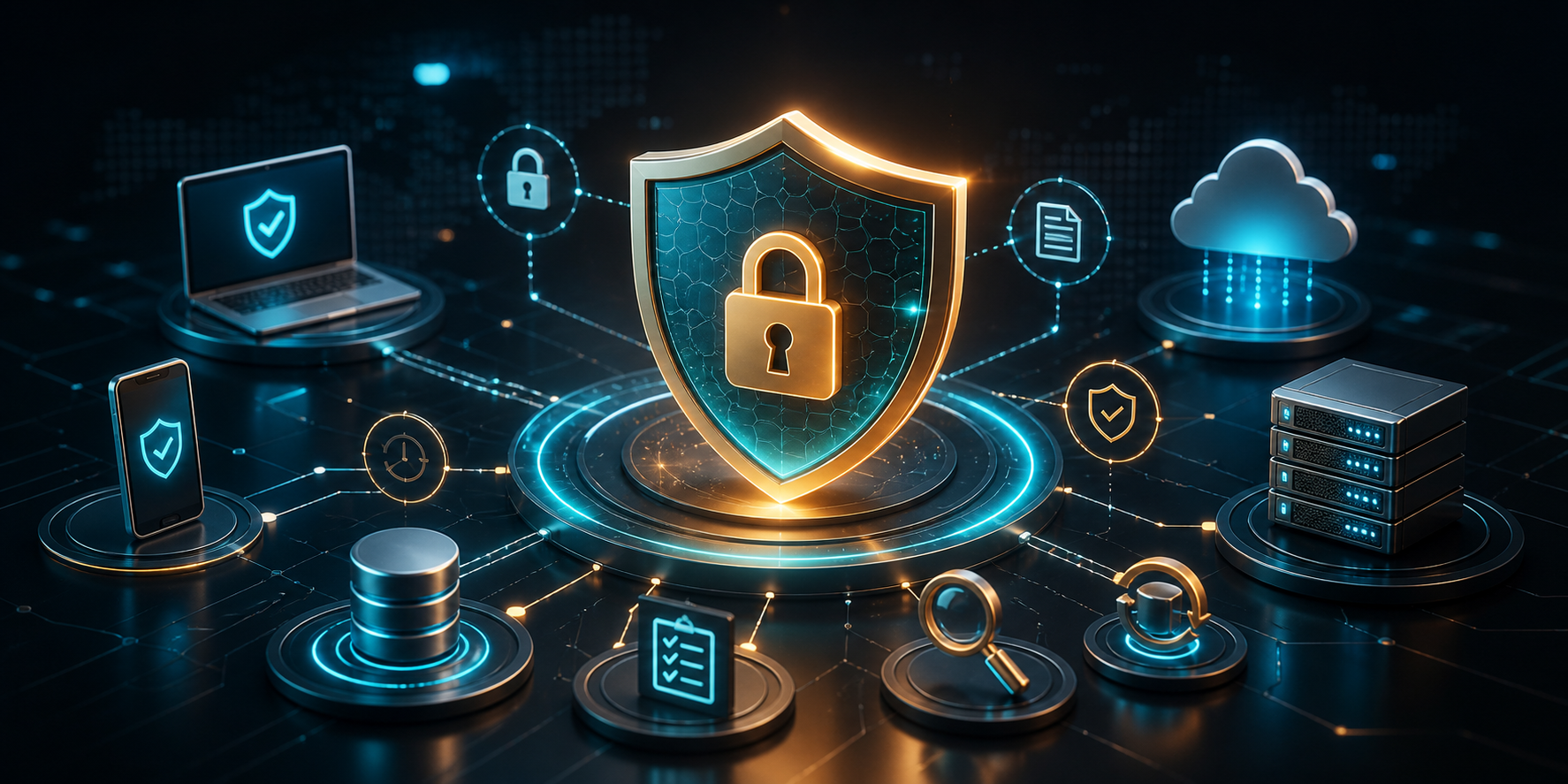 Cybersecurity shield protecting web, mobile, cloud, and database systems