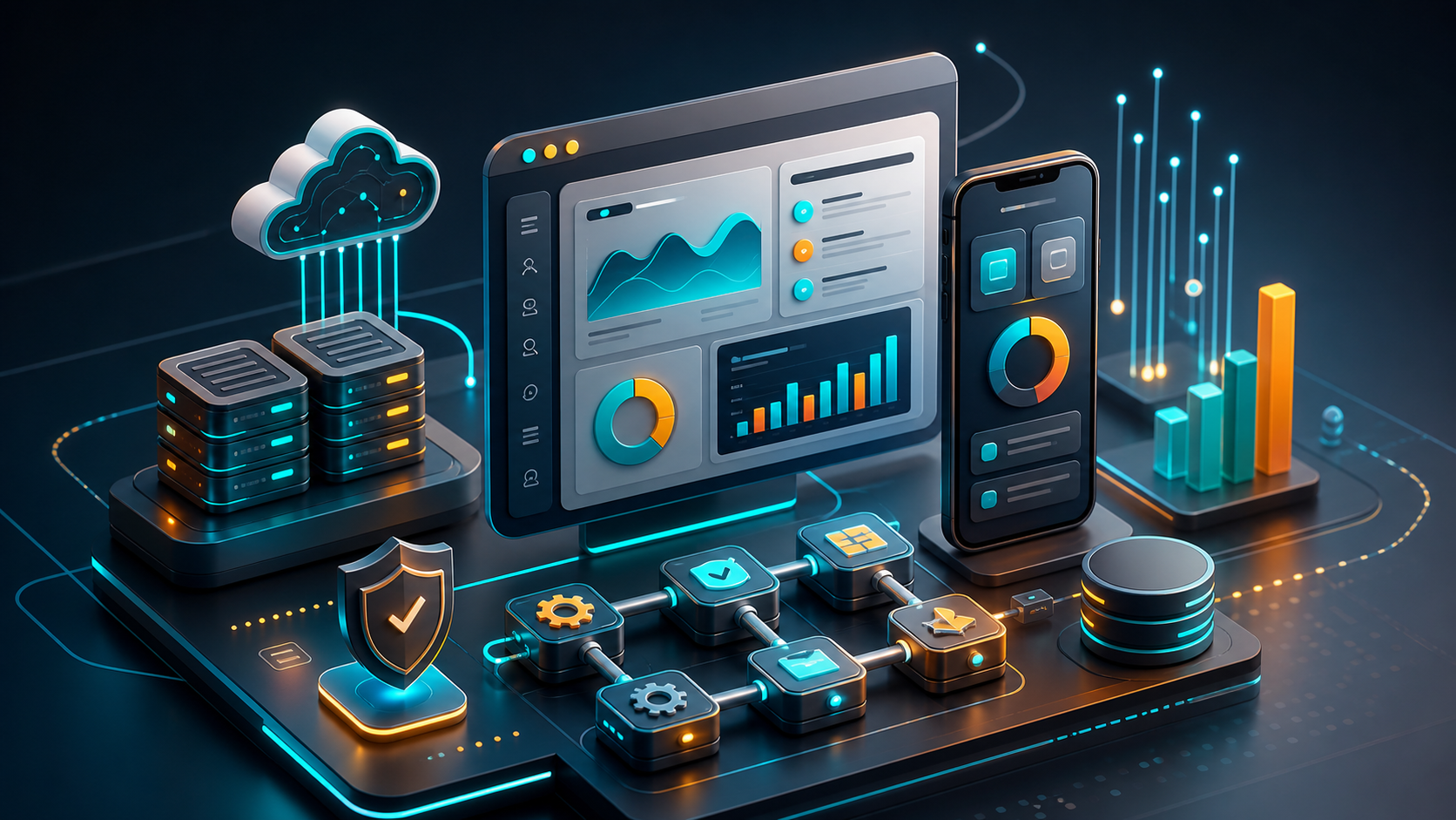 Digital product systems with cloud, mobile, dashboard, and automation visuals